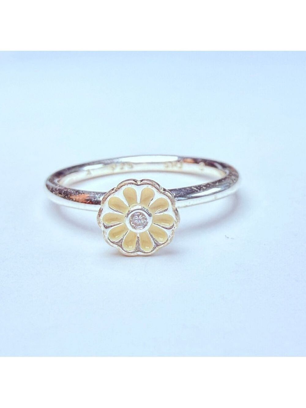 Soren Peter Jensen Daisy Flower Enamel CZ Danish Sterling Silver Stacking Ring